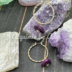 Chunky Purple turquoise dangle gold hoops boho earrings